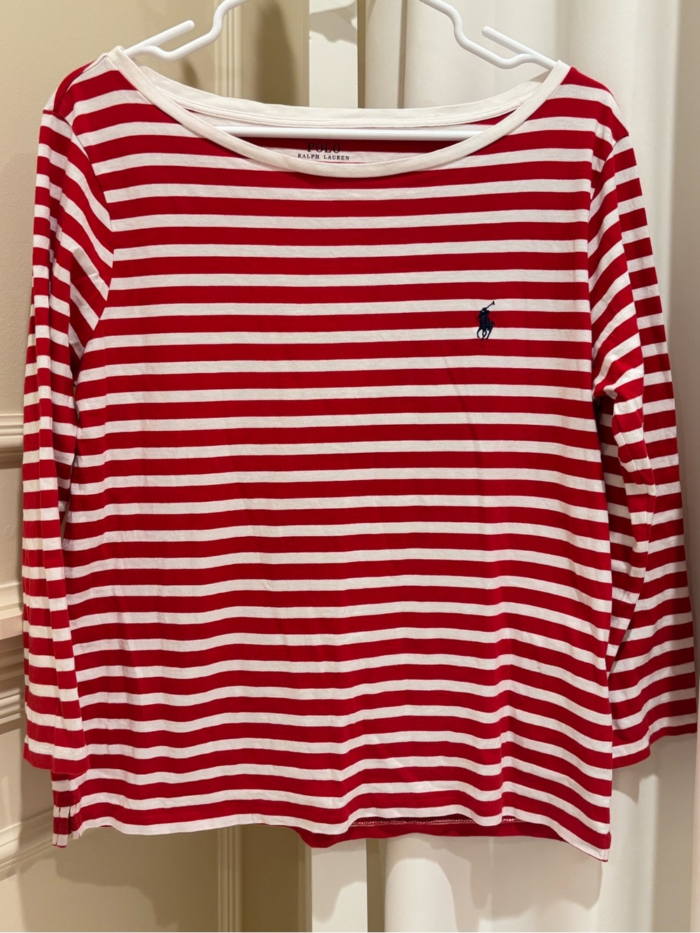 Ralph Lauren Polo Women’s Red & White Boat Neck Striped 3/4 Sleeve Tee